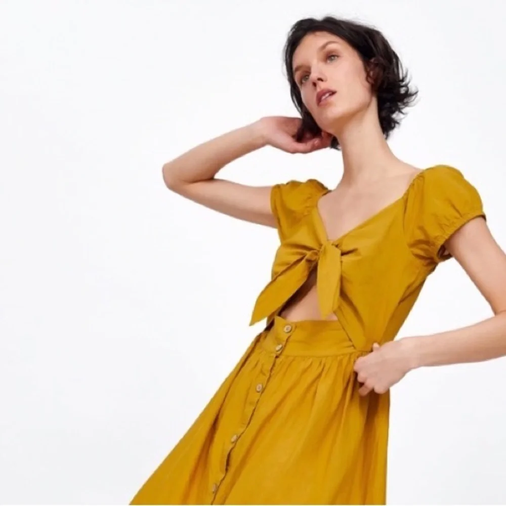 ZARA Mustard Yellow Tie-Front Dress - Picture 1 of 8